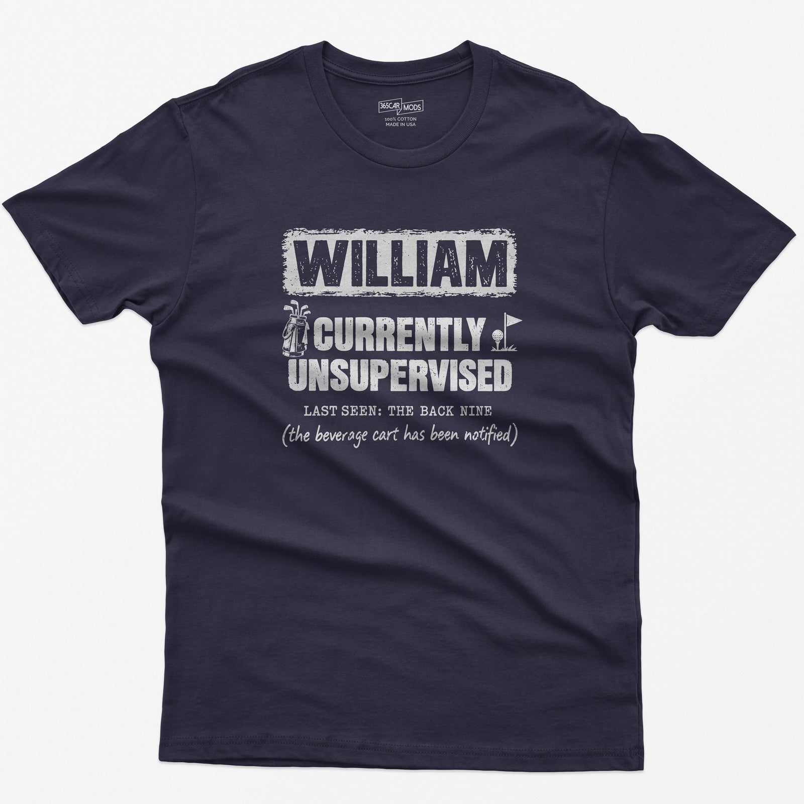 Blackberry t-shirt with a personalized Currently Unsupervised golf print: his name in a box, Last Seen: The Back Nine