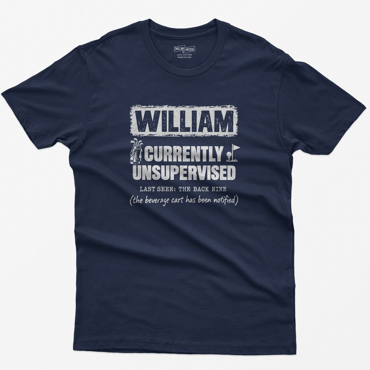 Navy t-shirt with a personalized Currently Unsupervised golf print: his name in a box, Last Seen: The Back Nine