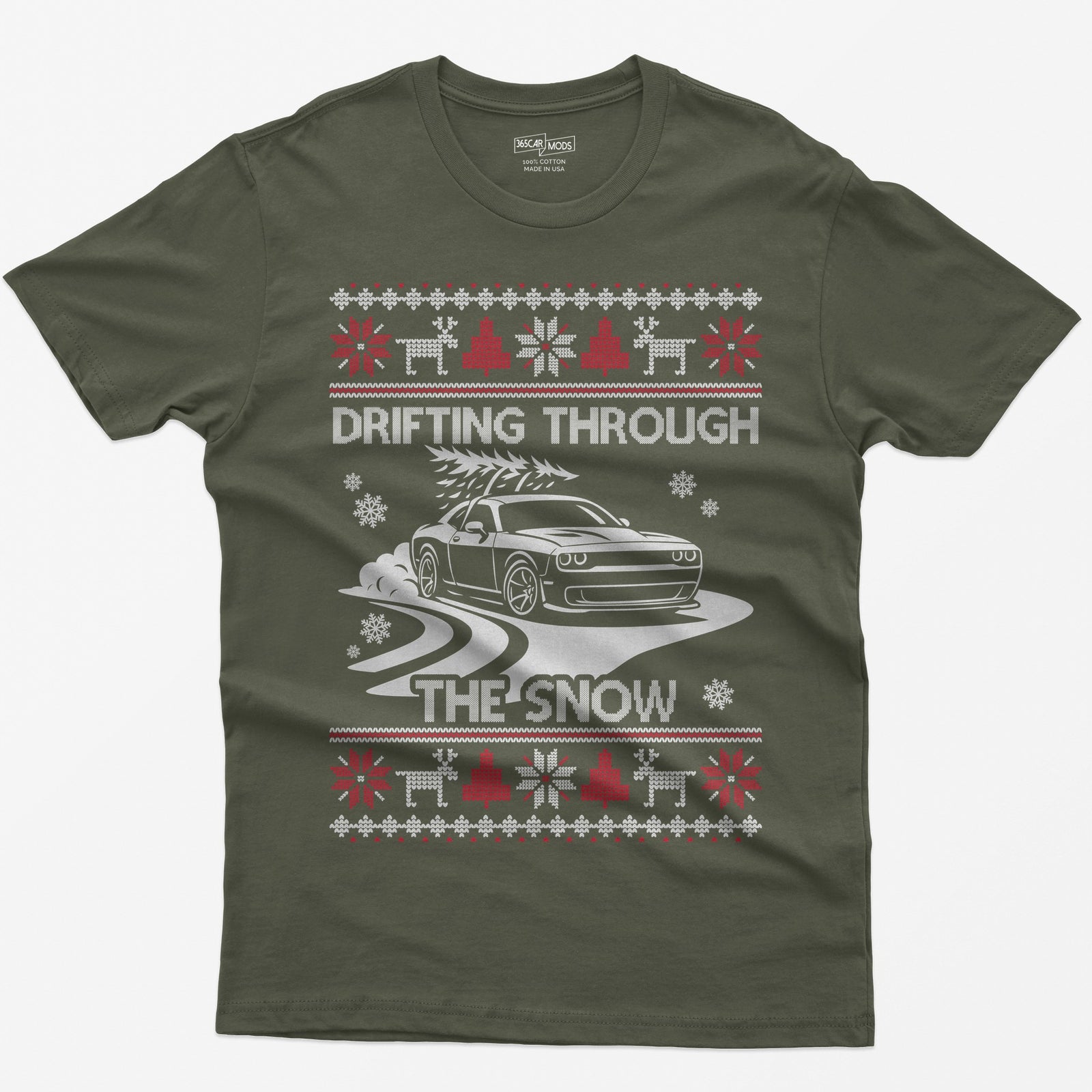 Custom Drift Car Christmas T-Shirt - Military Green