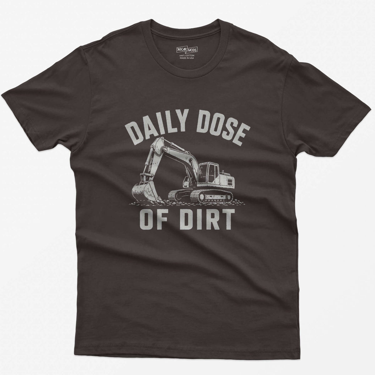 Dark Chocolate t-shirt with distressed grey vintage drawing of a tracked excavator digging and the words Daily Dose of Dirt