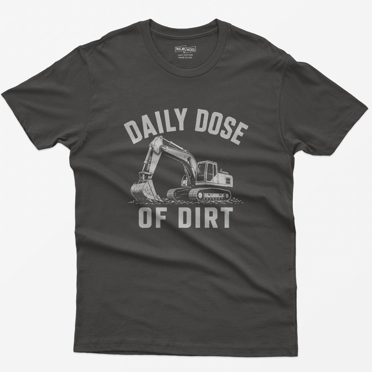 Dark Heather t-shirt with distressed grey vintage drawing of a tracked excavator digging and the words Daily Dose of Dirt