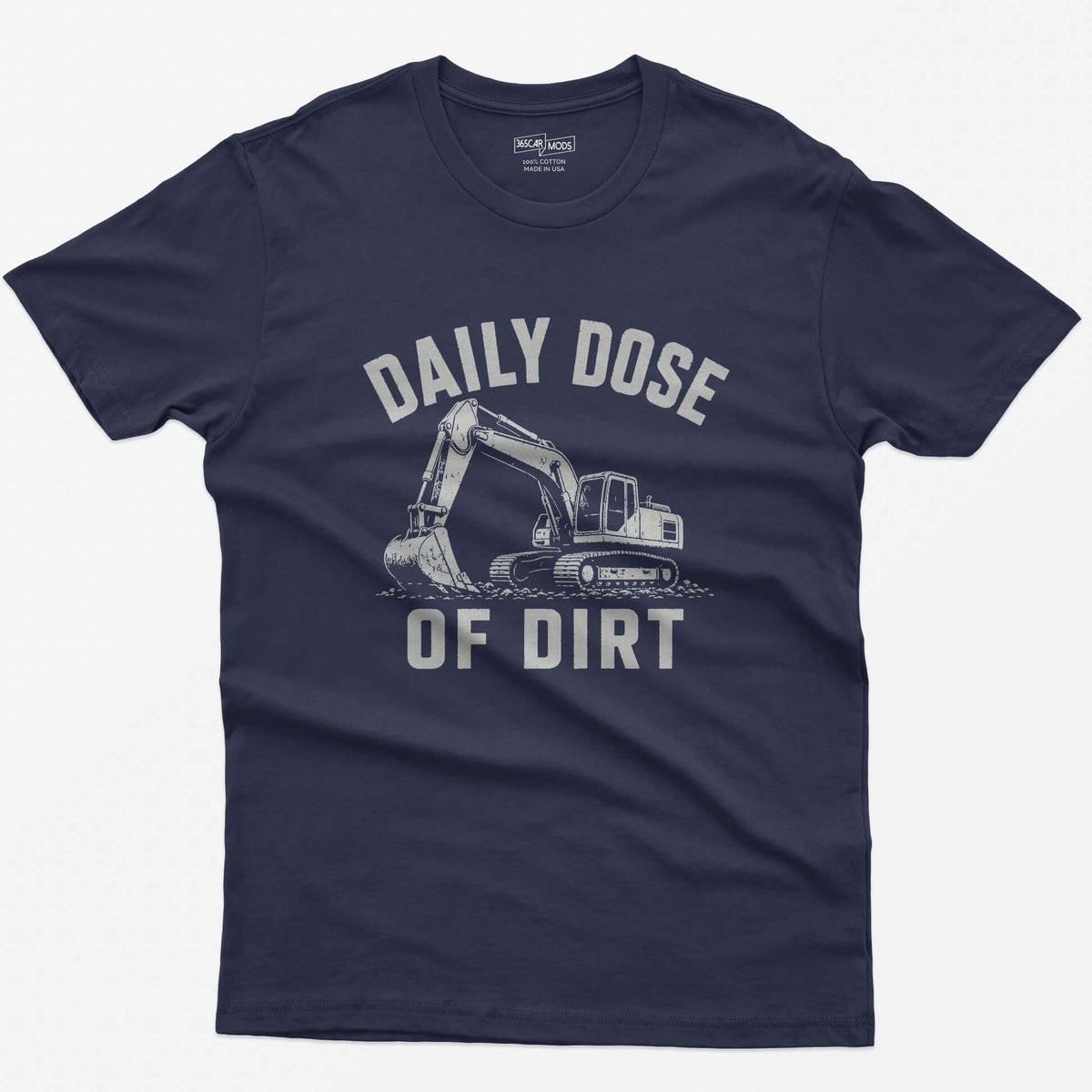 Heather Navy t-shirt with distressed grey vintage drawing of a tracked excavator digging and the words Daily Dose of Dirt
