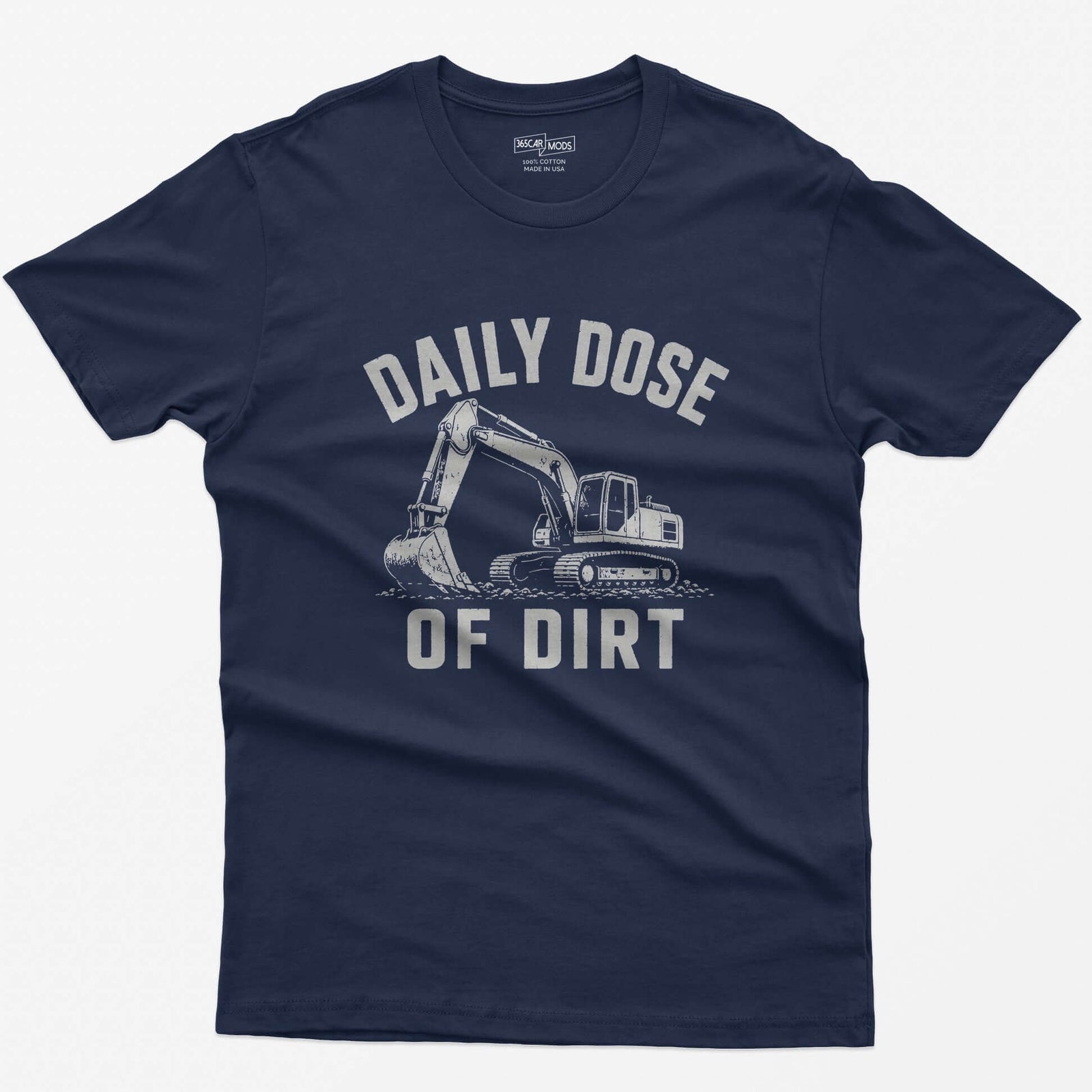 Navy t-shirt with distressed grey vintage drawing of a tracked excavator digging and the words Daily Dose of Dirt