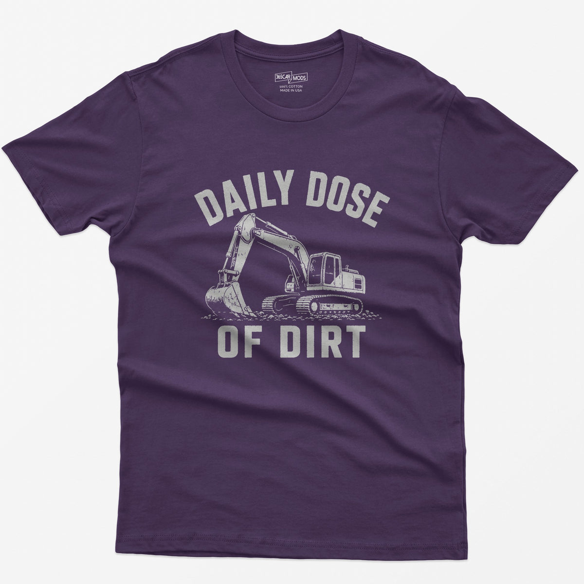 Purple t-shirt with distressed grey vintage drawing of a tracked excavator digging and the words Daily Dose of Dirt