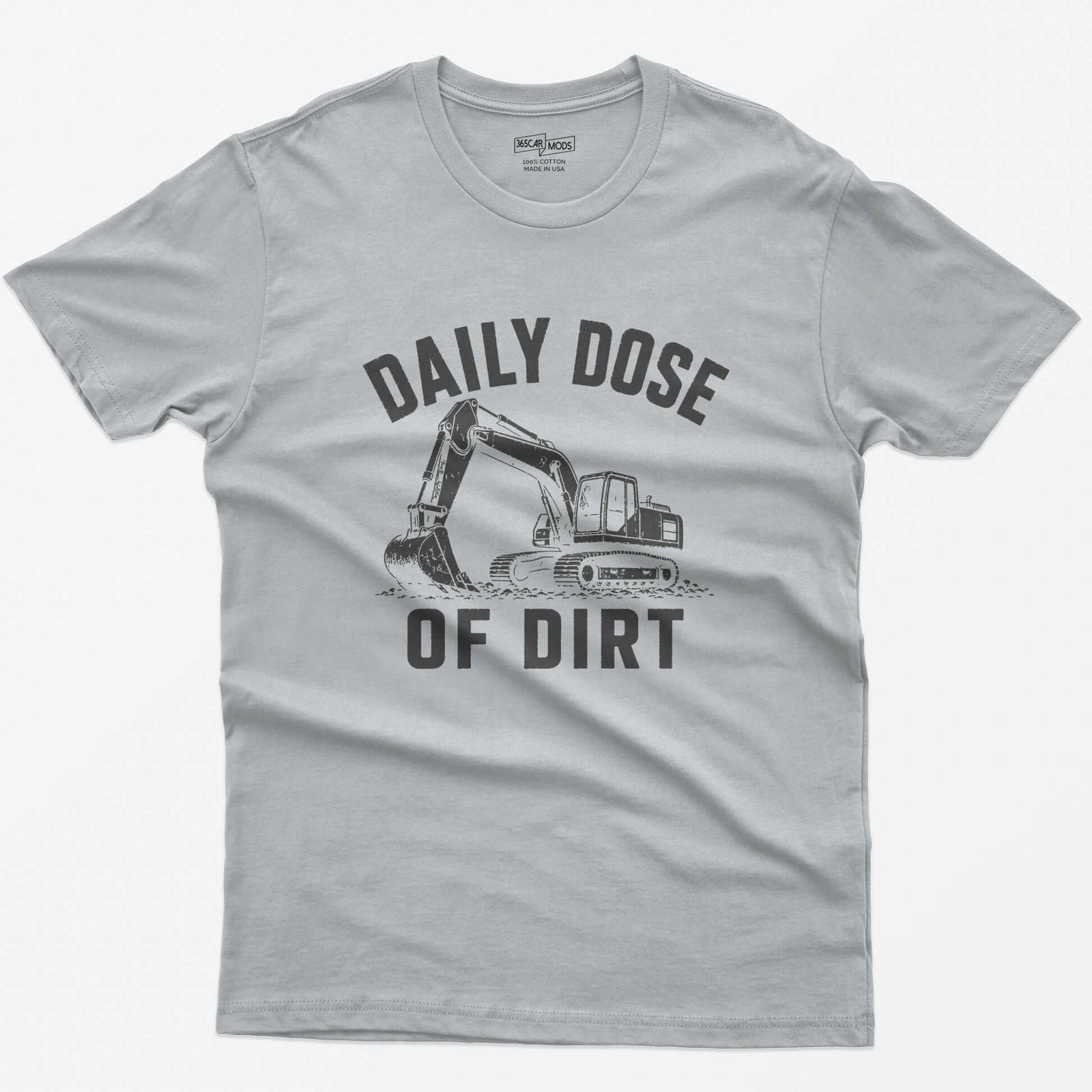 Sport Grey t-shirt with distressed grey vintage drawing of a tracked excavator digging and the words Daily Dose of Dirt