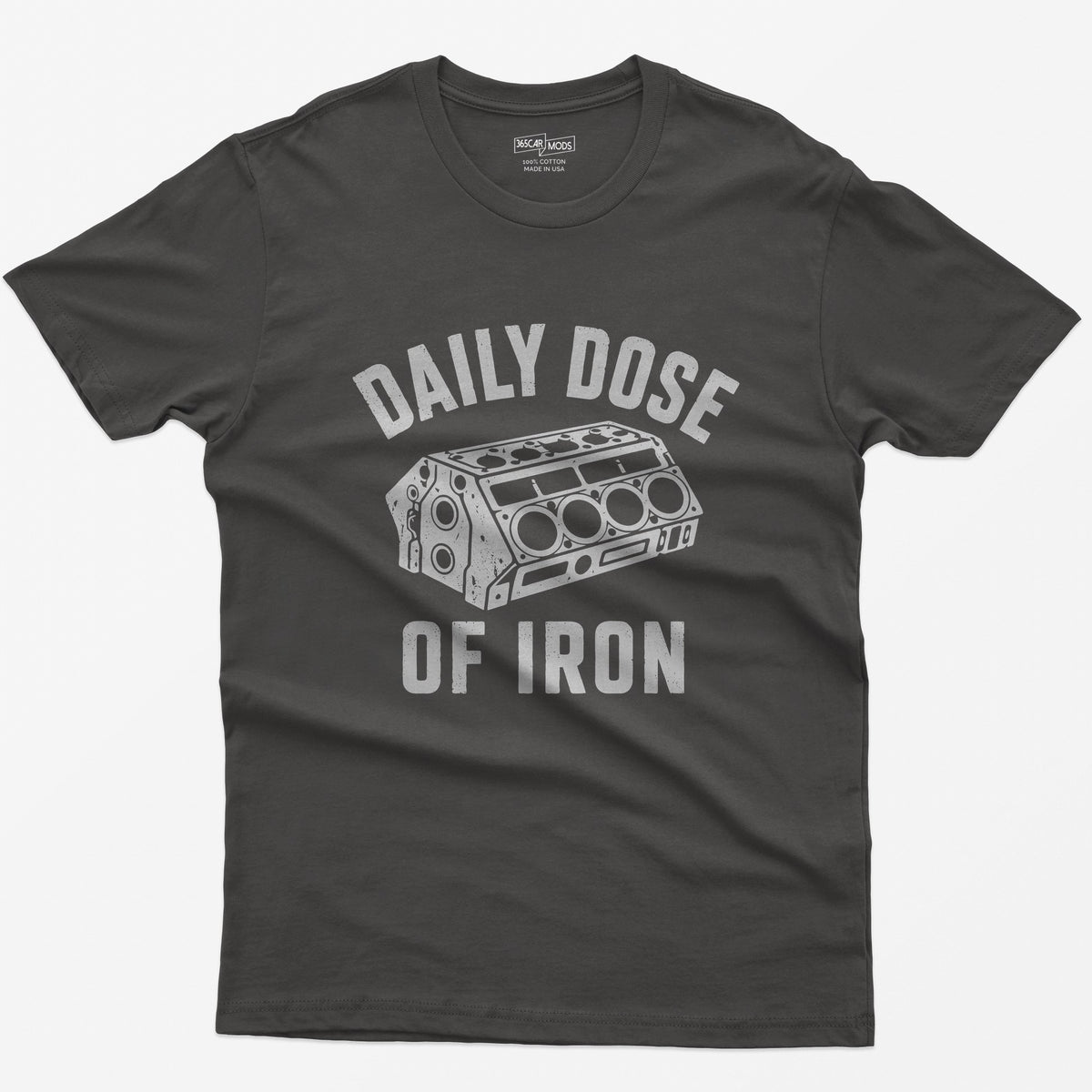 Dark Heather t-shirt with distressed grey drawing of a bare V8 engine block and the words Daily Dose of Iron