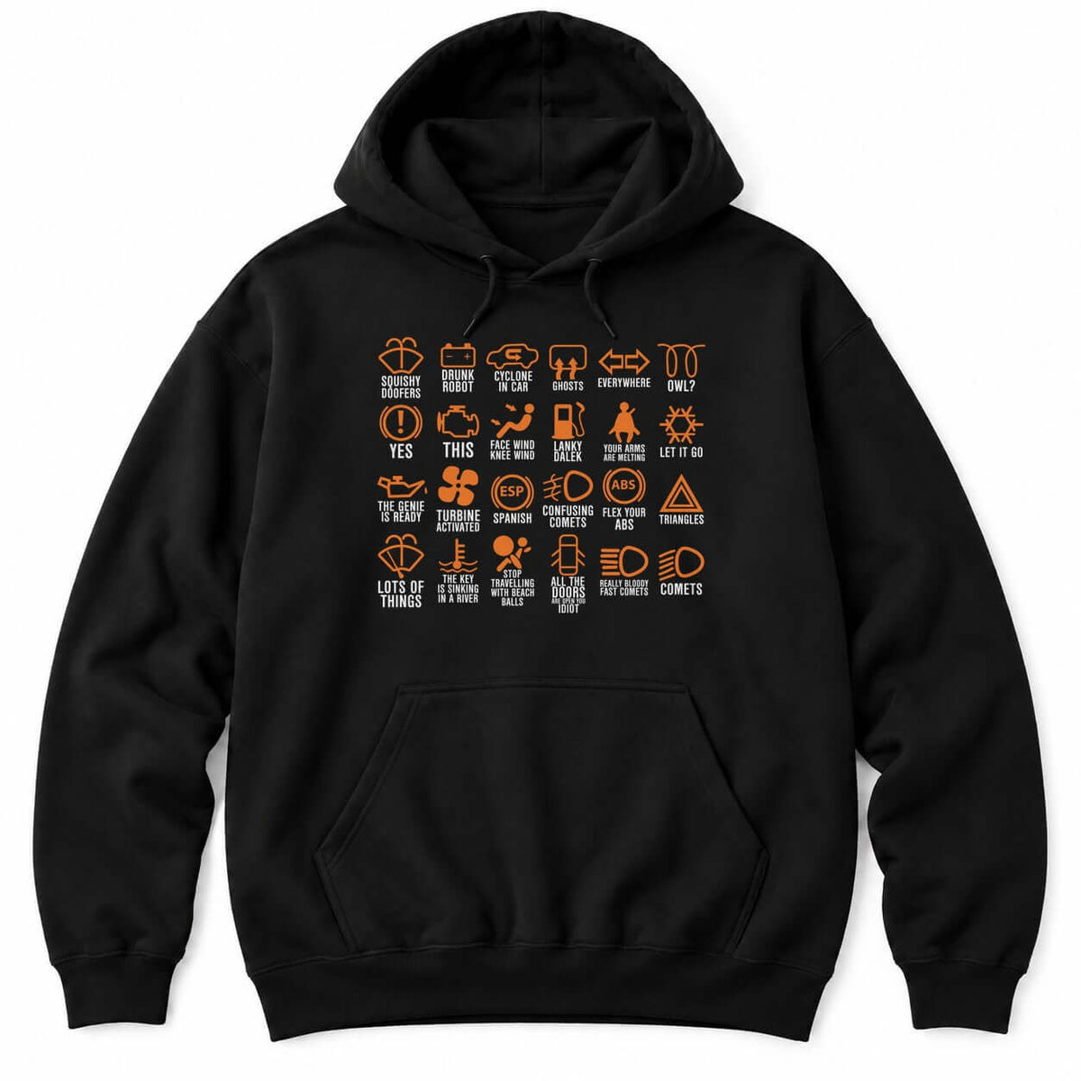 Black hoodie with a grid of 24 orange dashboard warning light icons with funny made-up labels in white