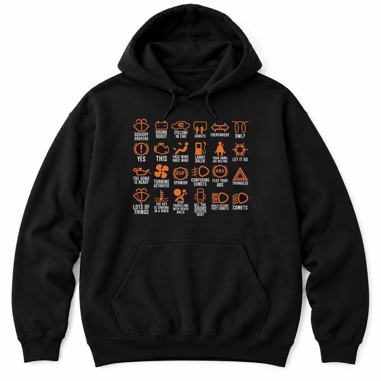 Black hoodie with a grid of 24 orange dashboard warning light icons with funny made-up labels in white