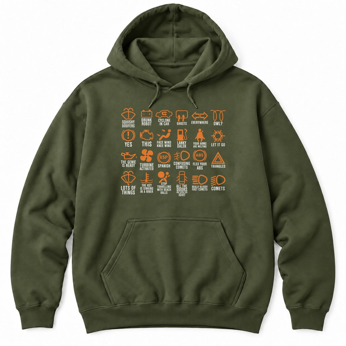 Military Green hoodie with a grid of 24 orange dashboard warning light icons with funny made-up labels in white
