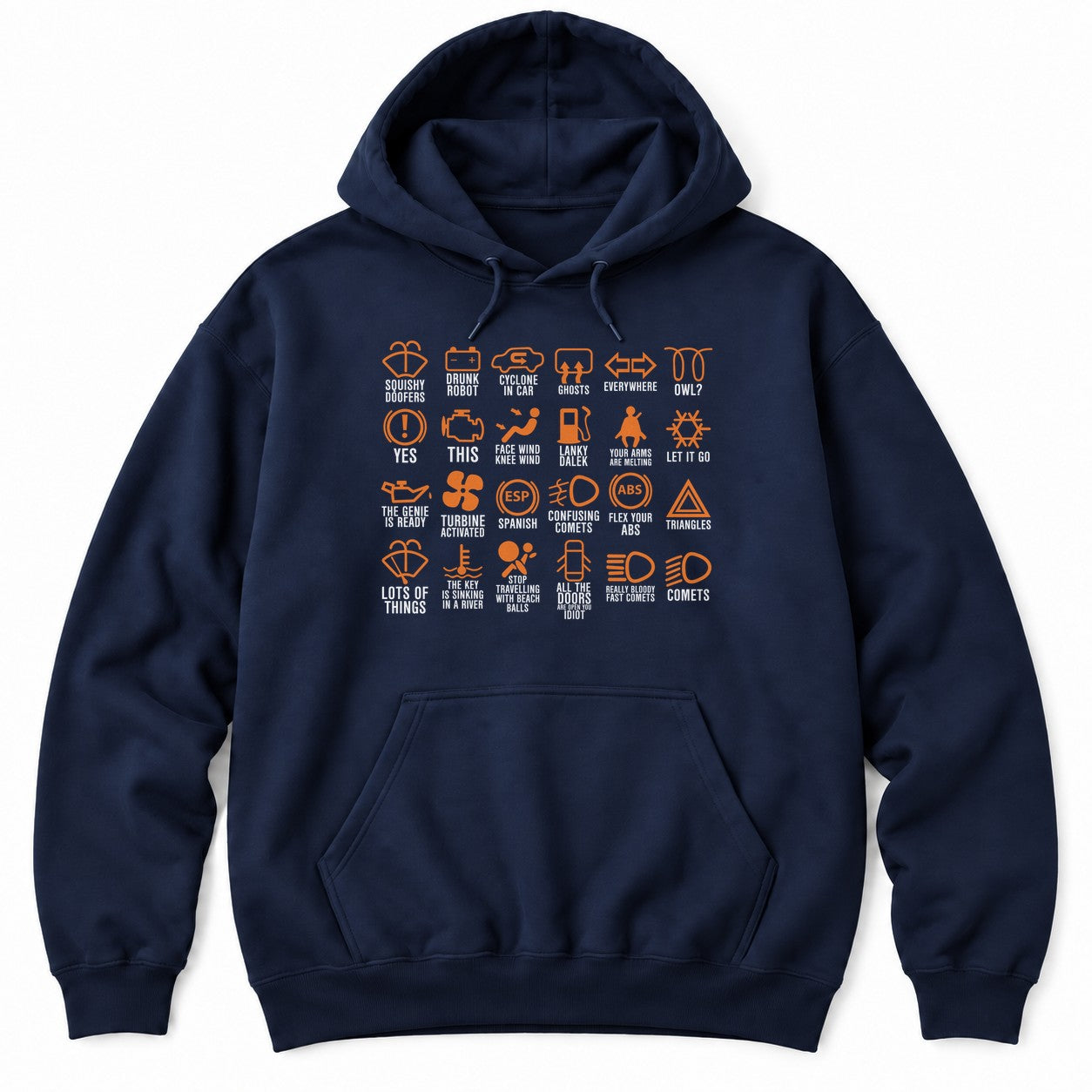 Navy hoodie with a grid of 24 orange dashboard warning light icons with funny made-up labels in white