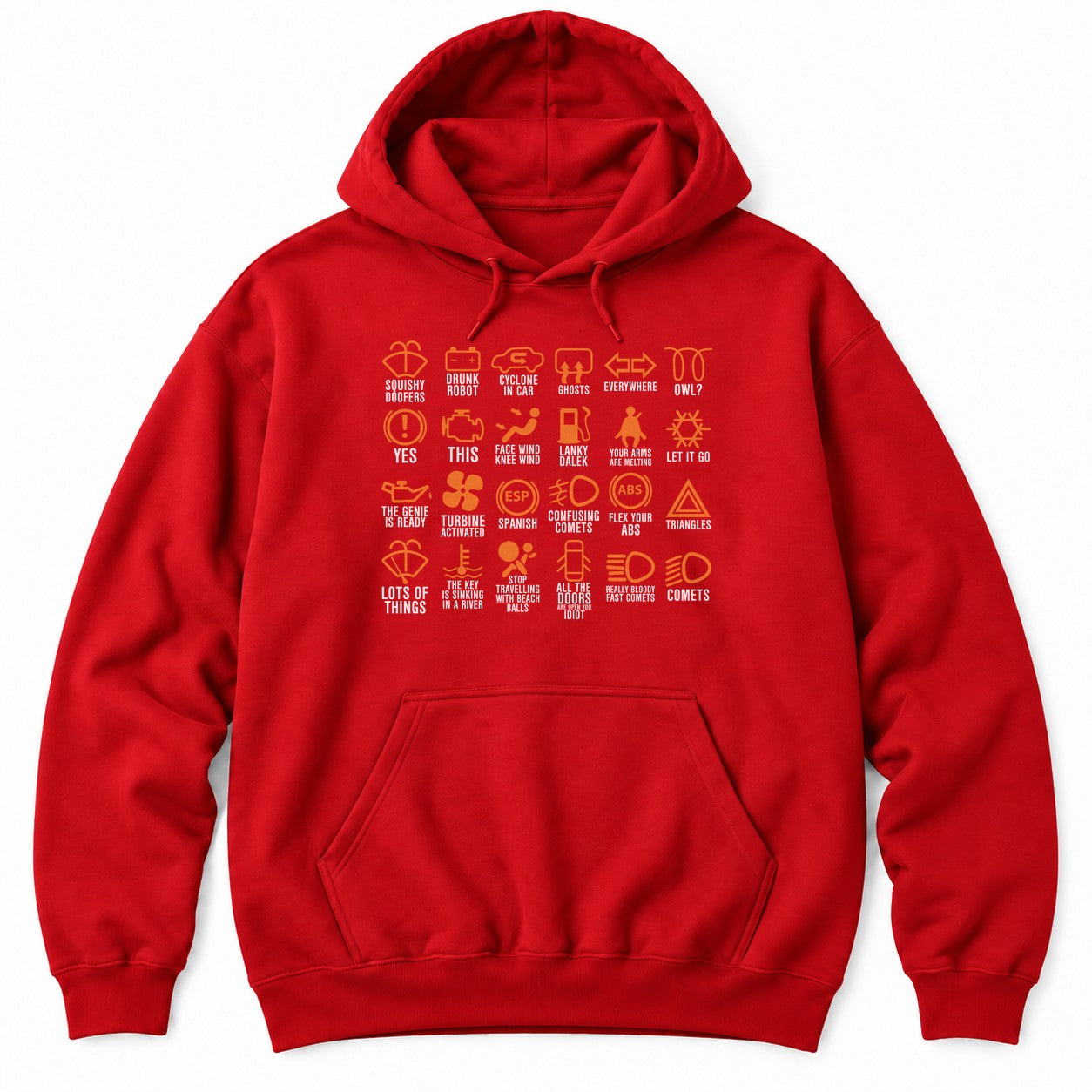 Red hoodie with a grid of 24 orange dashboard warning light icons with funny made-up labels in white