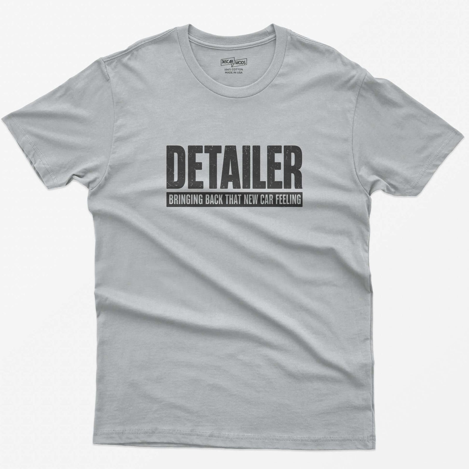 Sport Grey t-shirt with Detailer in huge distressed letters and Bringing Back That New Car Feeling in a bar below