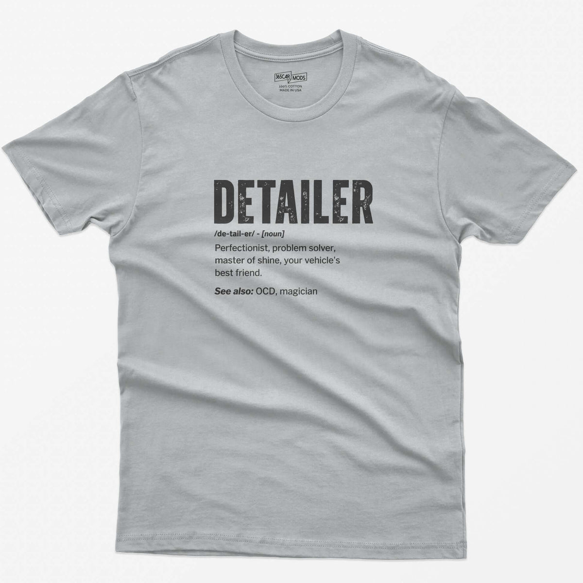 Sport Grey t-shirt with Detailer dictionary definition print: perfectionist, master of shine, see also OCD, magician