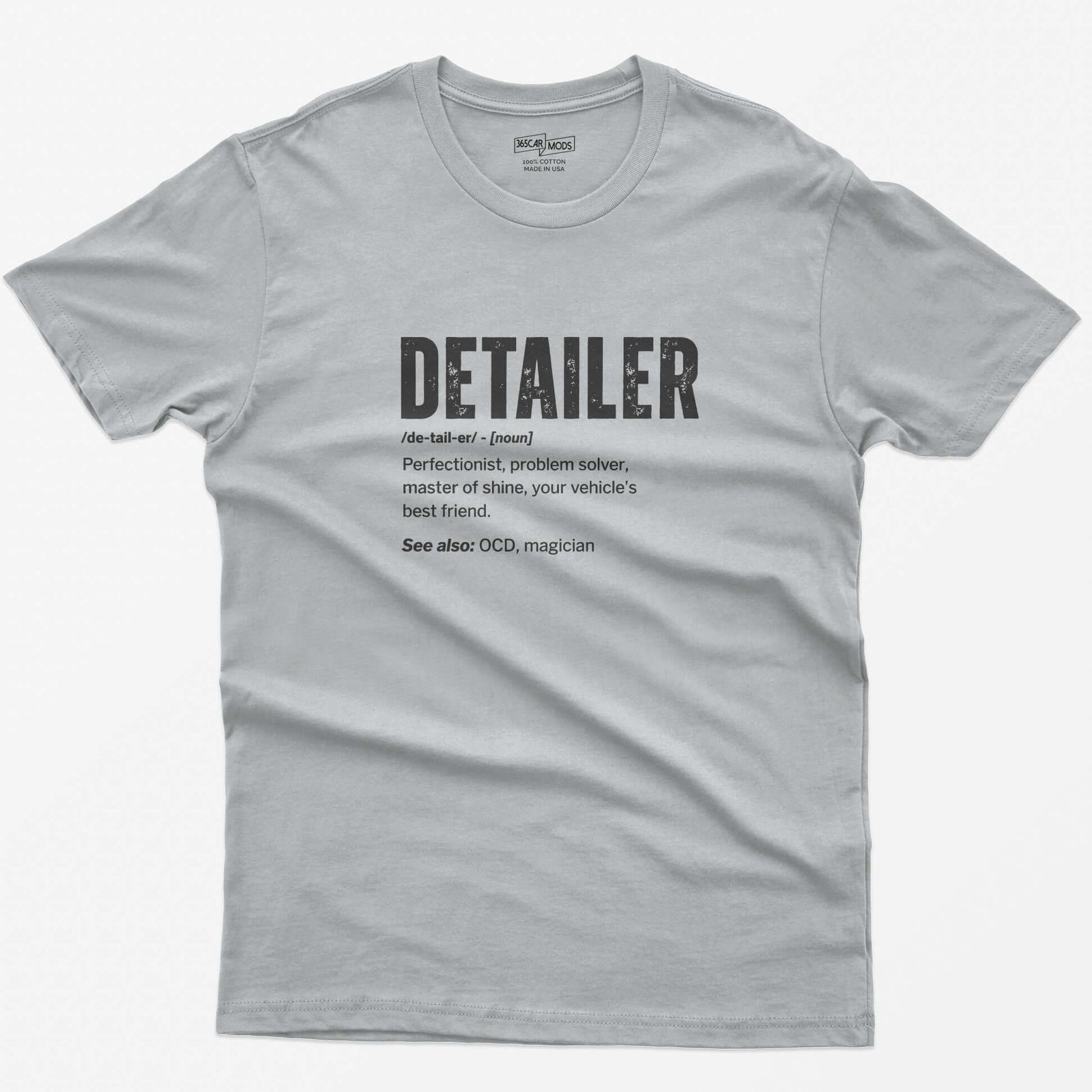 Sport Grey t-shirt with Detailer dictionary definition print: perfectionist, master of shine, see also OCD, magician