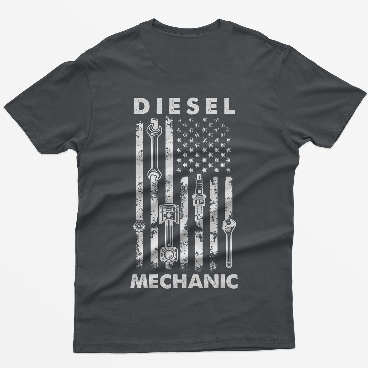 Charcoal t-shirt with Diesel Mechanic back print, American flag with wrench, piston, spark plug and gear in the stripes