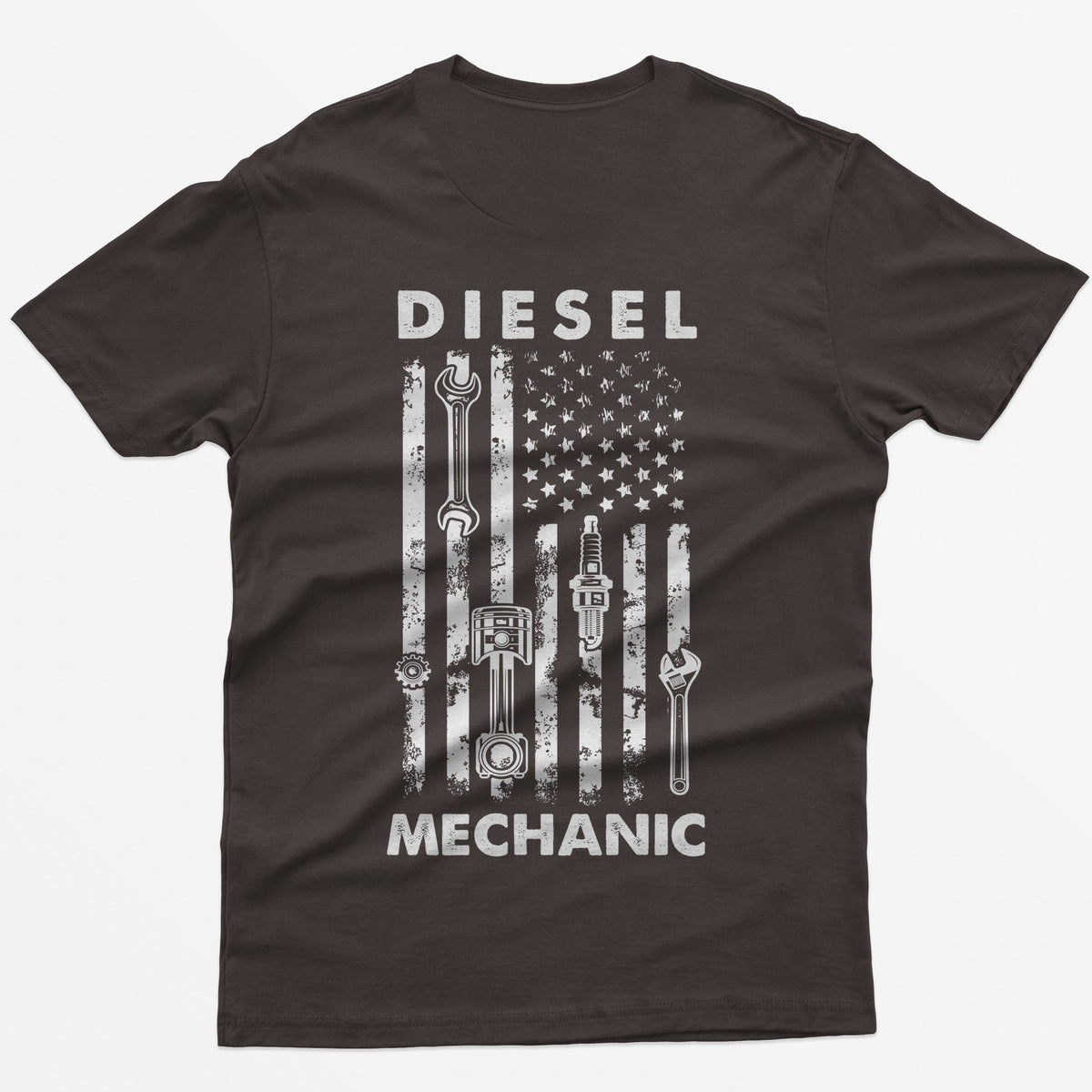 Dark Chocolate t-shirt with Diesel Mechanic back print, American flag with wrench, piston, spark plug and gear in the stripes