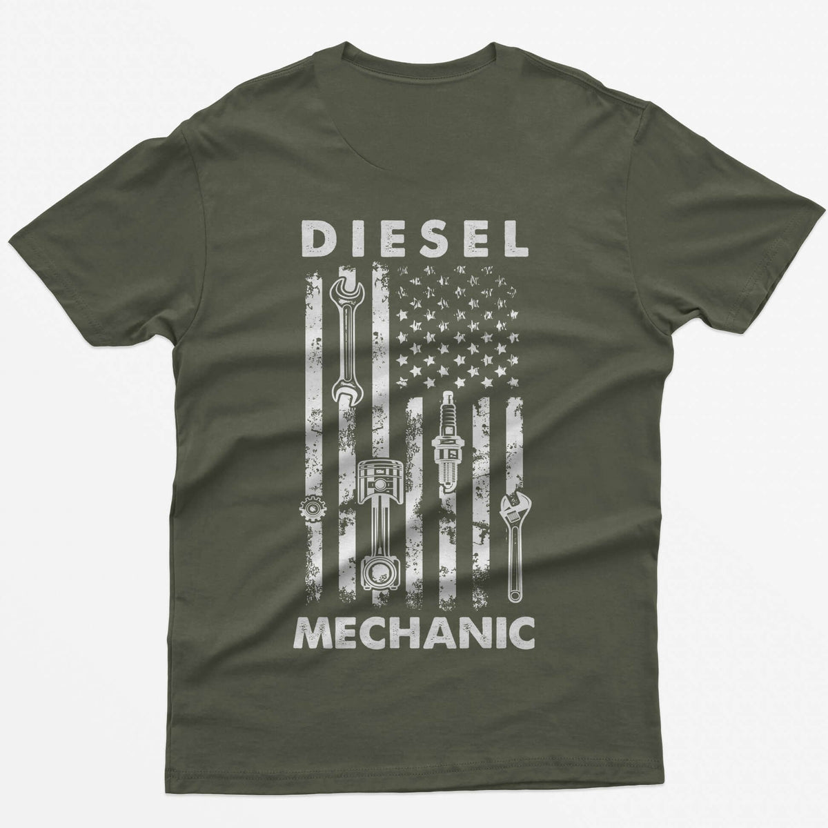 Military Green t-shirt with Diesel Mechanic back print, American flag with wrench, piston, spark plug and gear in the stripes