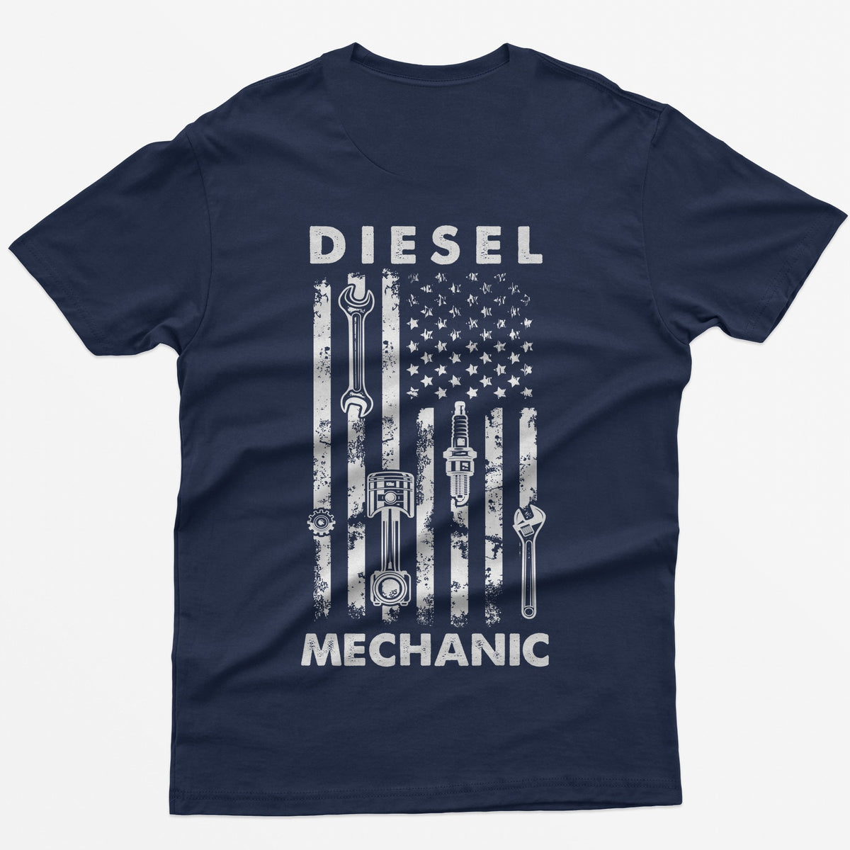 Navy t-shirt with Diesel Mechanic back print, American flag with wrench, piston, spark plug and gear in the stripes