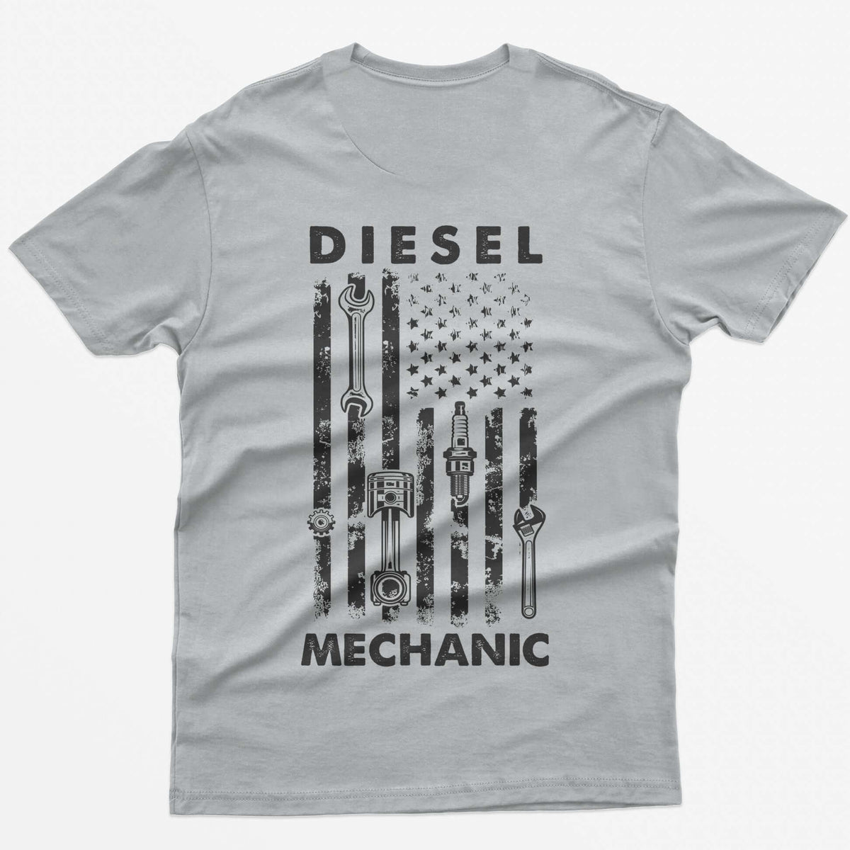 Sport Grey t-shirt with Diesel Mechanic back print, American flag with wrench, piston, spark plug and gear in the stripes