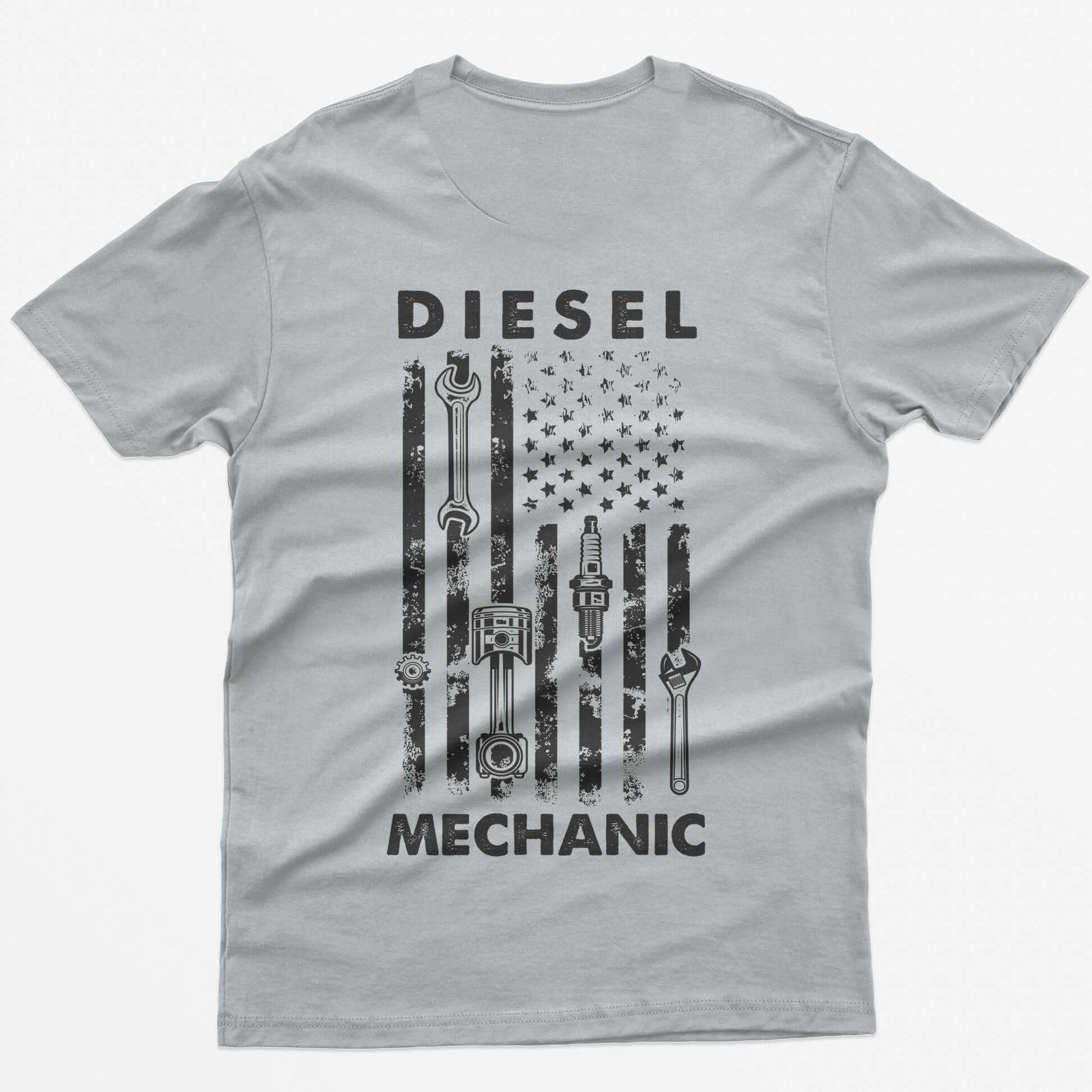 Sport Grey t-shirt with Diesel Mechanic back print, American flag with wrench, piston, spark plug and gear in the stripes