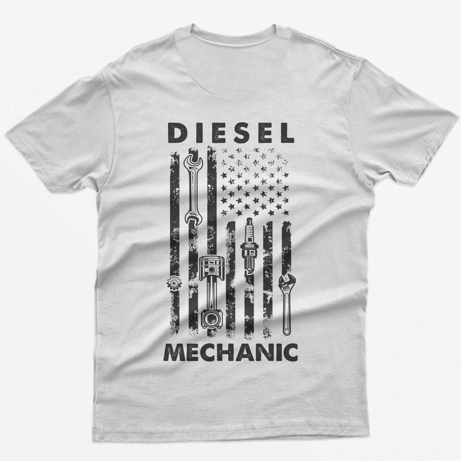 White t-shirt with Diesel Mechanic back print, American flag with wrench, piston, spark plug and gear in the stripes