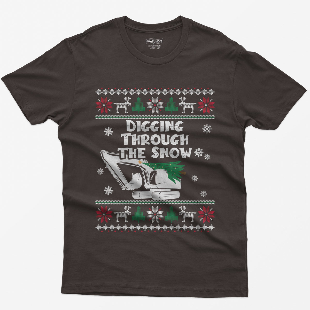 Digging Through the Snow Excavator Christmas T-Shirt - Dark Chocolate