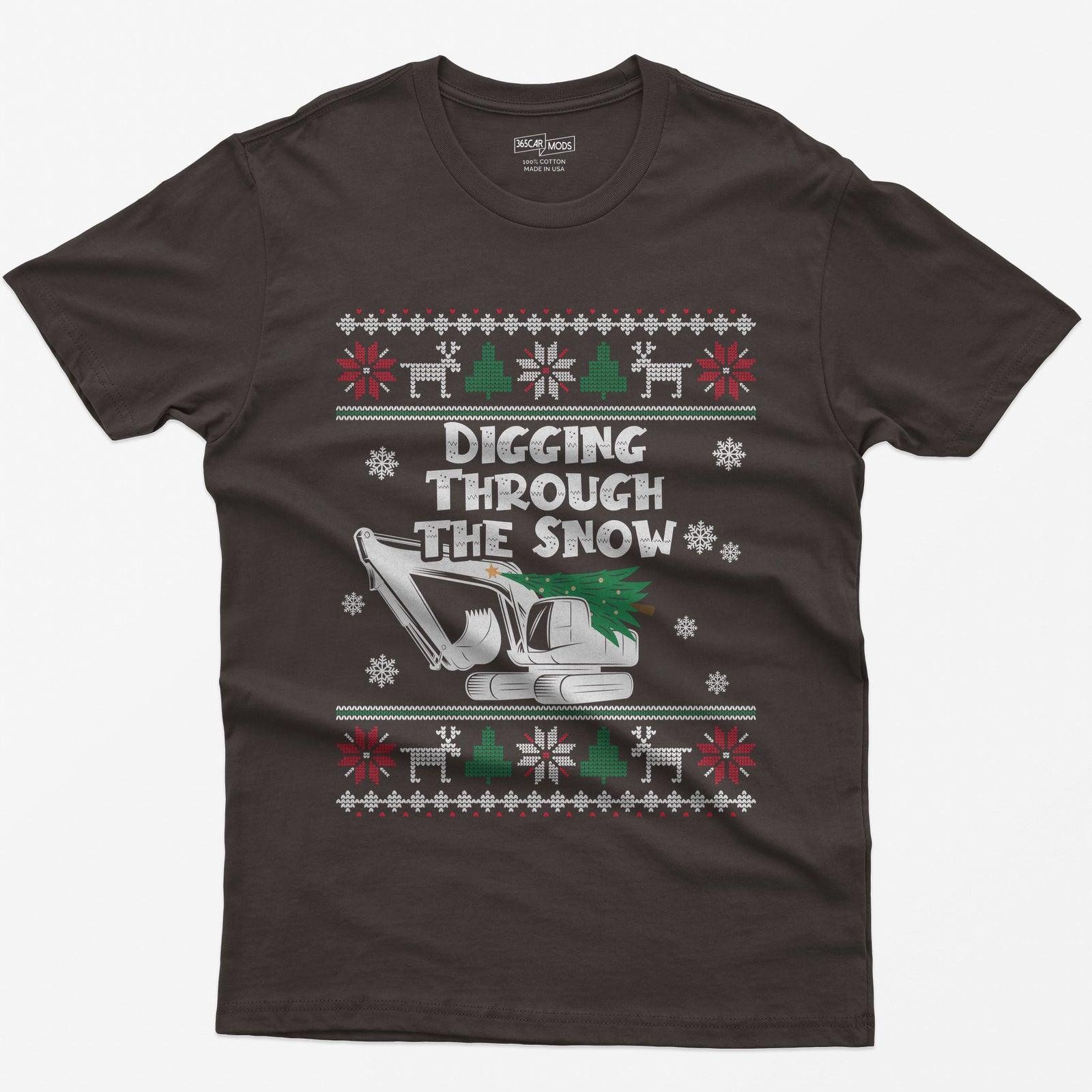 Digging Through the Snow Excavator Christmas T-Shirt - Dark Chocolate