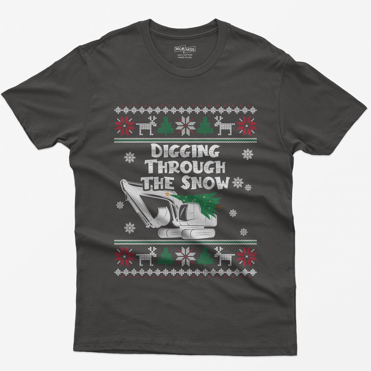 Digging Through the Snow Excavator Christmas T-Shirt - Dark Heather