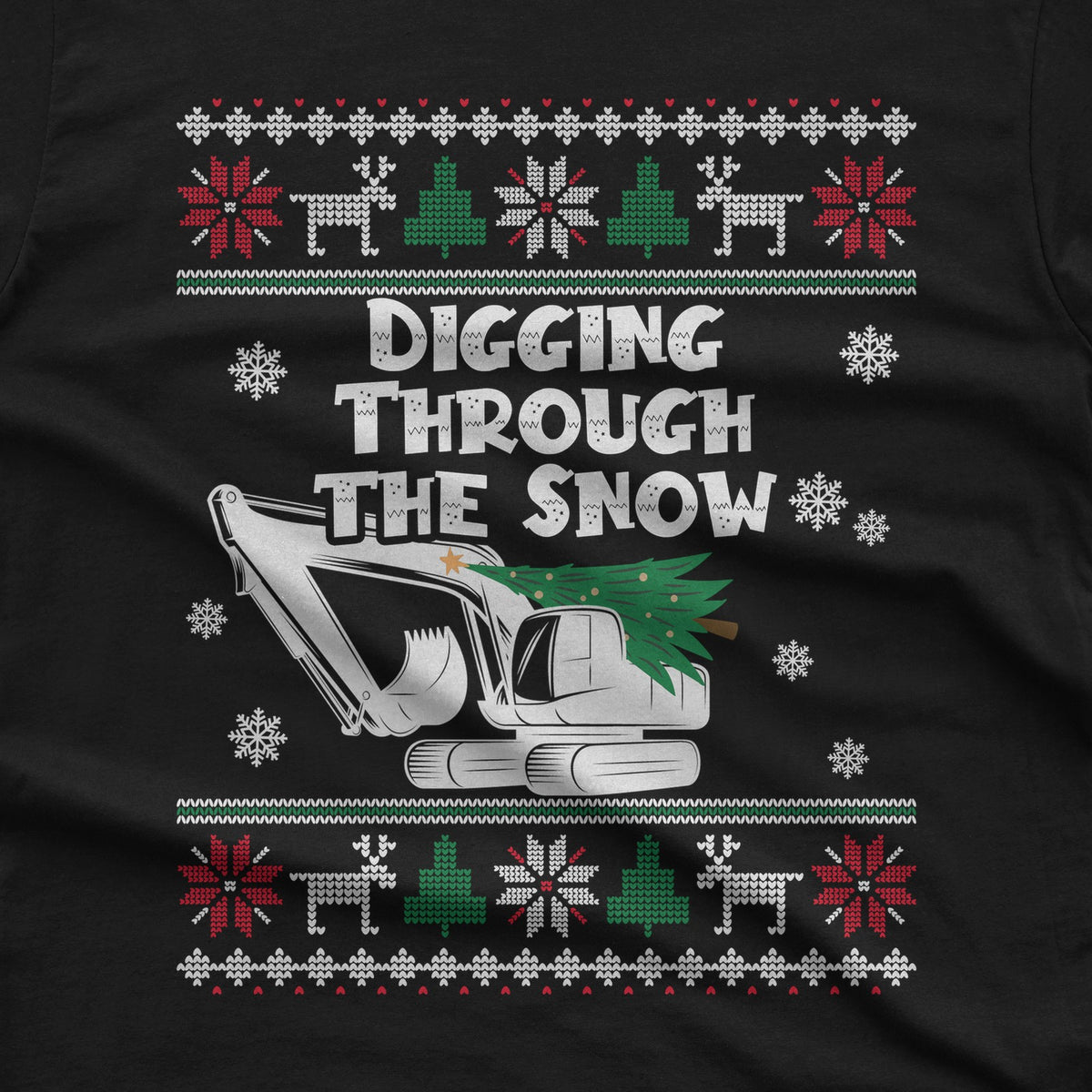 Digging Through the Snow Excavator Christmas T-Shirt design close-up
