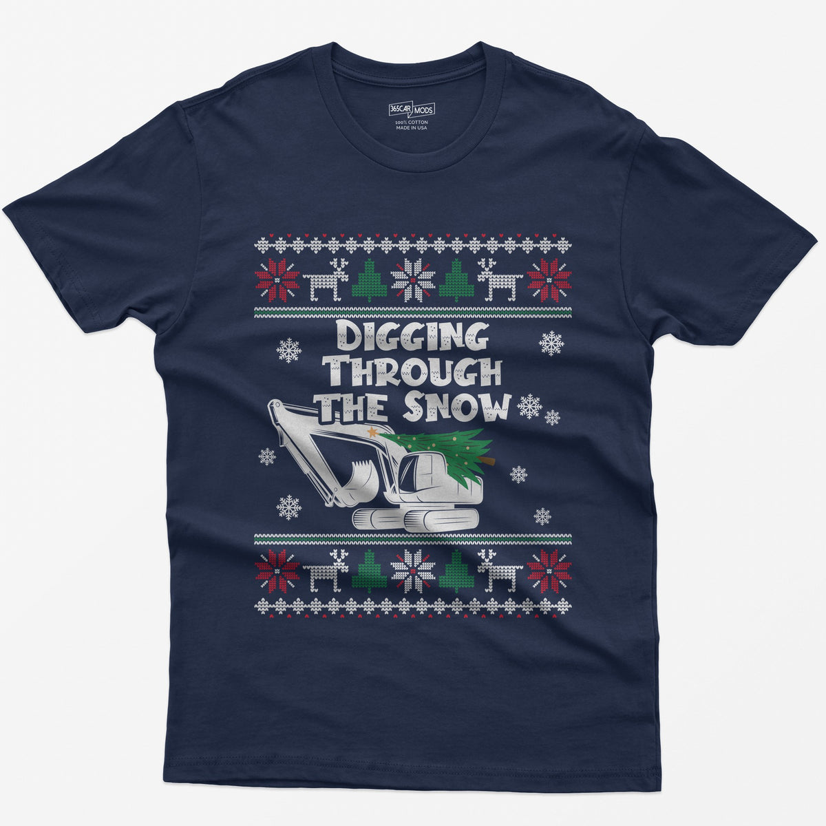 Digging Through the Snow Excavator Christmas T-Shirt - Navy