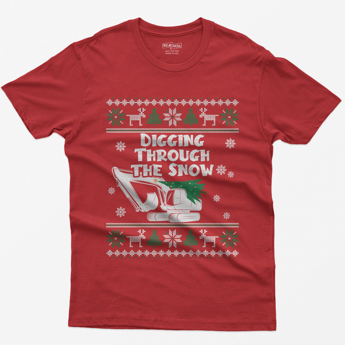 Digging Through the Snow Excavator Christmas T-Shirt - Red