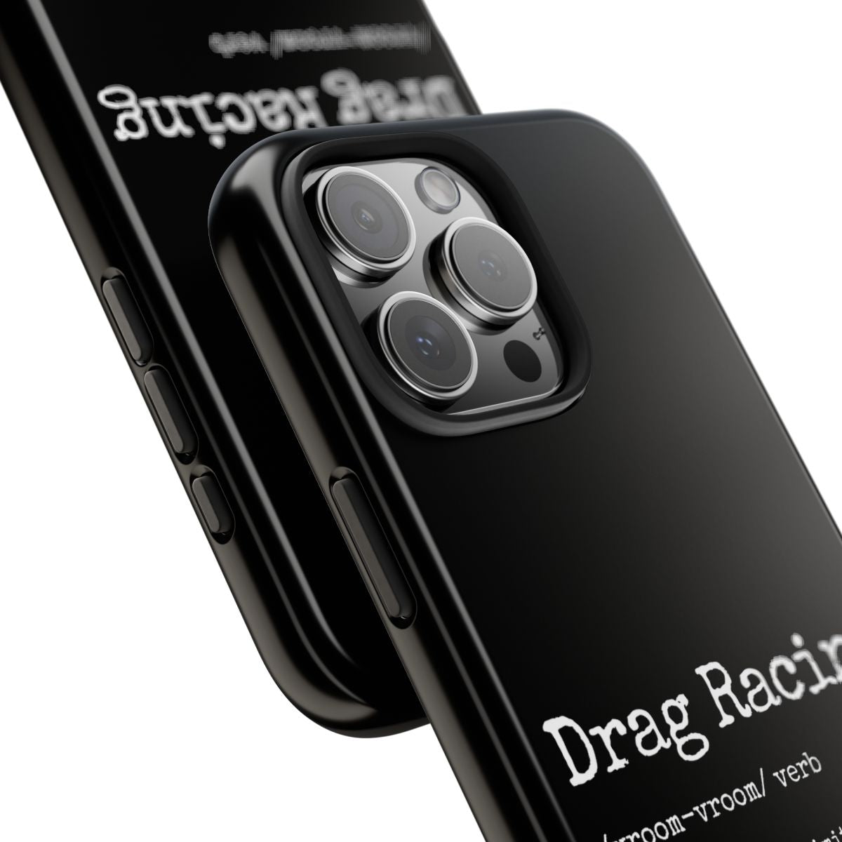 Drag Racing Definition tough phone case, close-up of the print