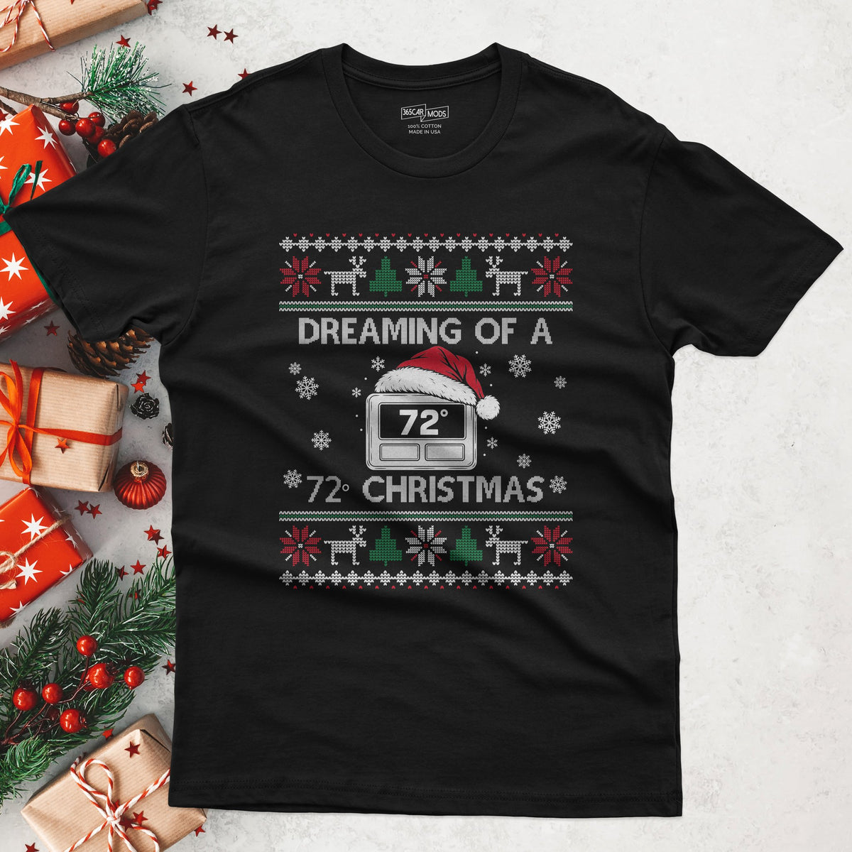 Black HVAC Christmas t-shirt: a 72 degree thermostat in a Santa hat, DREAMING OF A 72° CHRISTMAS in ugly sweater knit letters