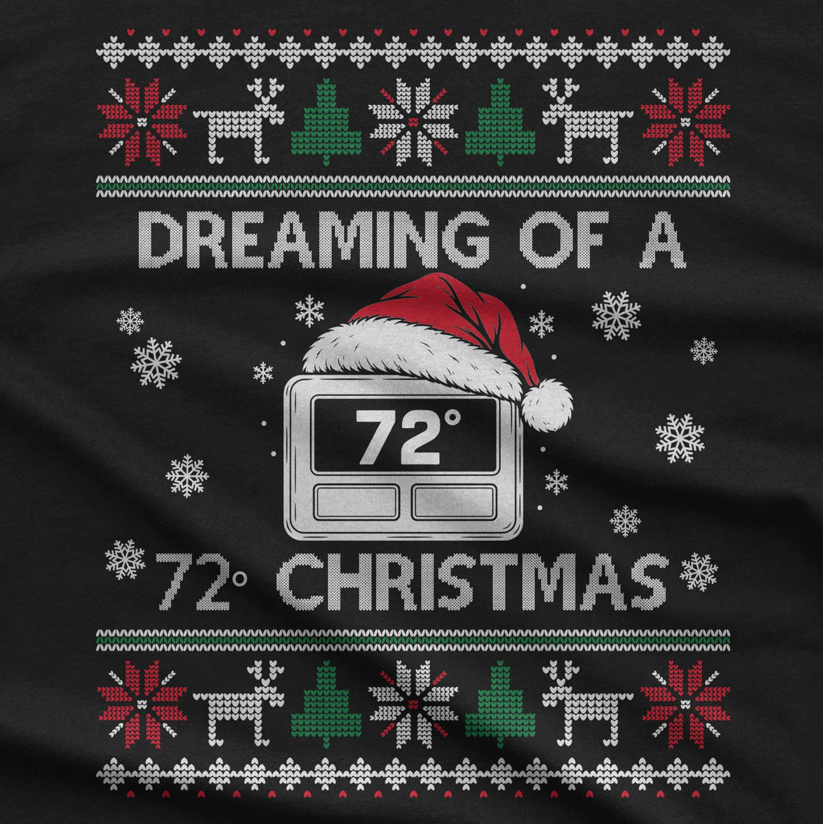 Close-up of the ugly sweater thermostat print with reindeer, trees and snowflakes