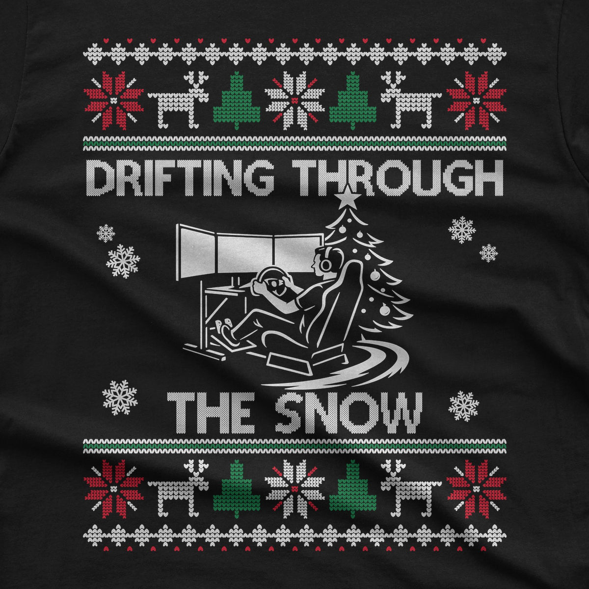 Drifting Through the Snow Sim Racing Christmas T-Shirt design close-up