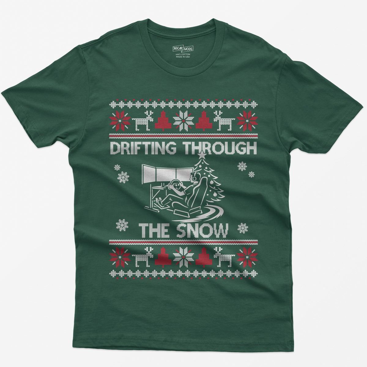 Drifting Through the Snow Sim Racing Christmas T-Shirt - Forest Green