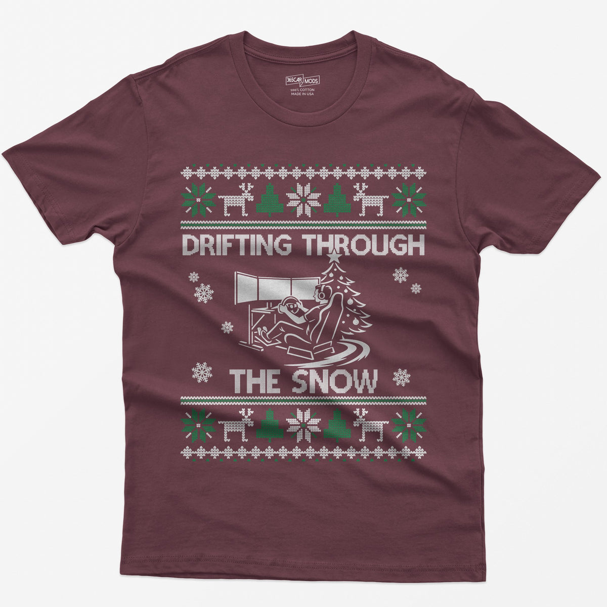 Drifting Through the Snow Sim Racing Christmas T-Shirt - Maroon