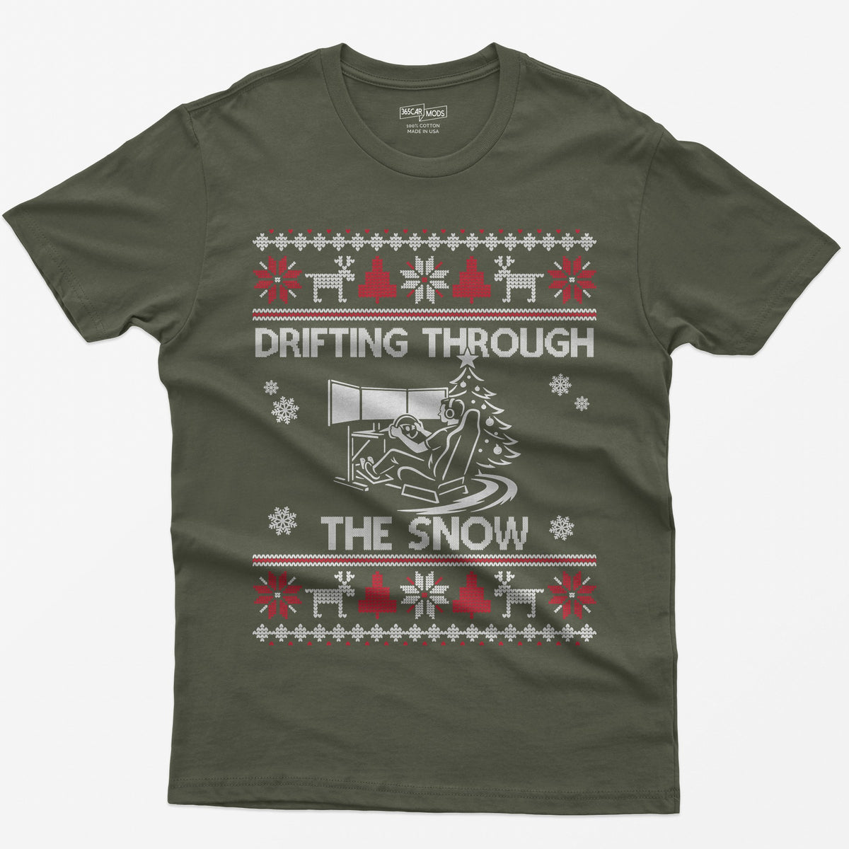 Drifting Through the Snow Sim Racing Christmas T-Shirt - Military Green