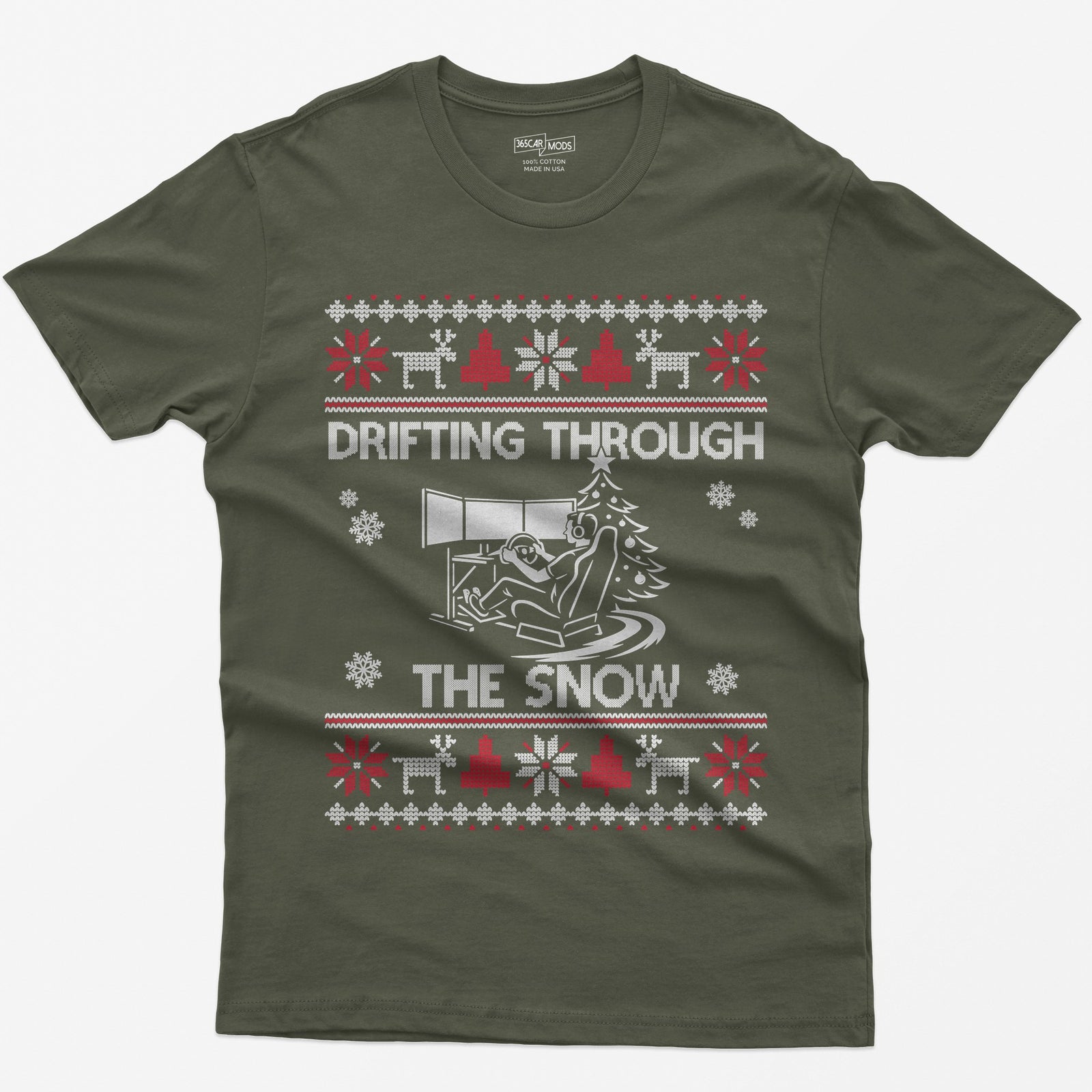Drifting Through the Snow Sim Racing Christmas T-Shirt - Military Green