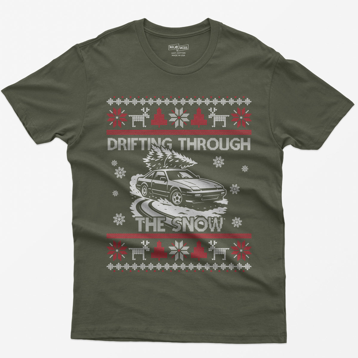 S13 240SX Drifting Through the Snow Ugly Christmas T-Shirt - Military Green