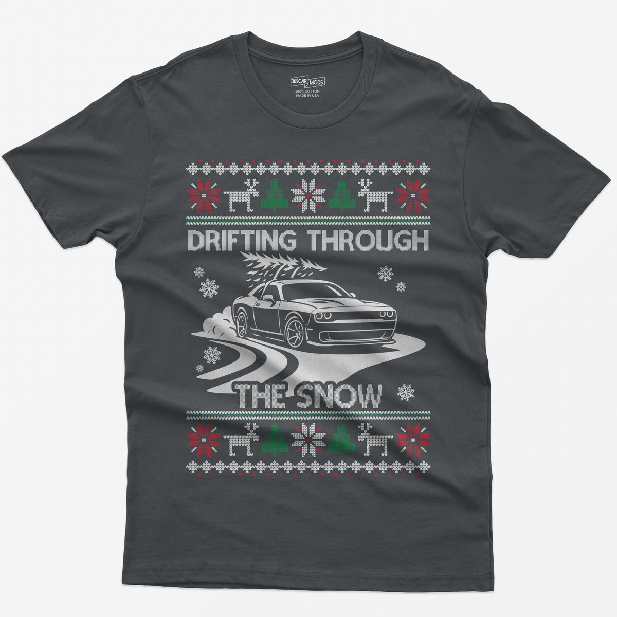 Charcoal t-shirt with a Drifting Through the Snow ugly Christmas print: a widebody muscle coupe with a tree on the roof drifting through the snow