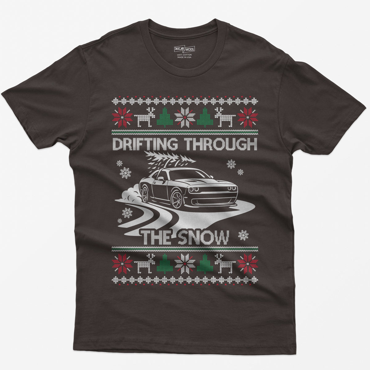 Dark Chocolate t-shirt with a Drifting Through the Snow ugly Christmas print: a widebody muscle coupe with a tree on the roof drifting through the snow