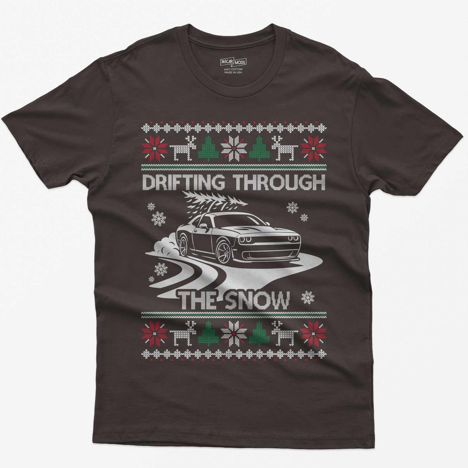 Dark Chocolate t-shirt with a Drifting Through the Snow ugly Christmas print: a widebody muscle coupe with a tree on the roof drifting through the snow