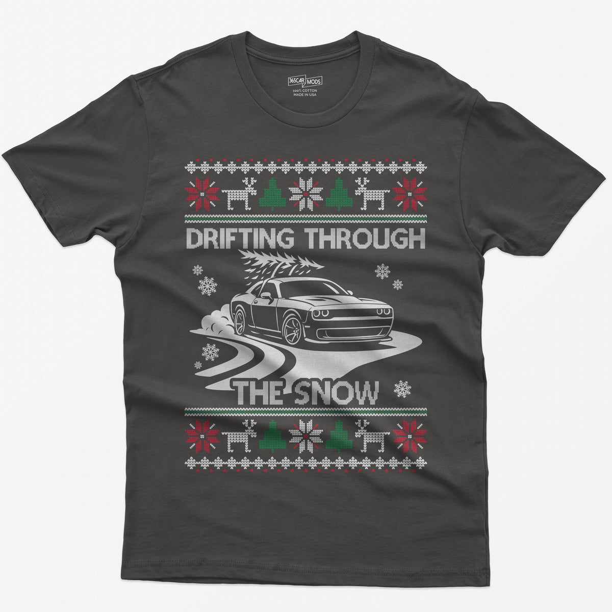 Dark Heather t-shirt with a Drifting Through the Snow ugly Christmas print: a widebody muscle coupe with a tree on the roof drifting through the snow