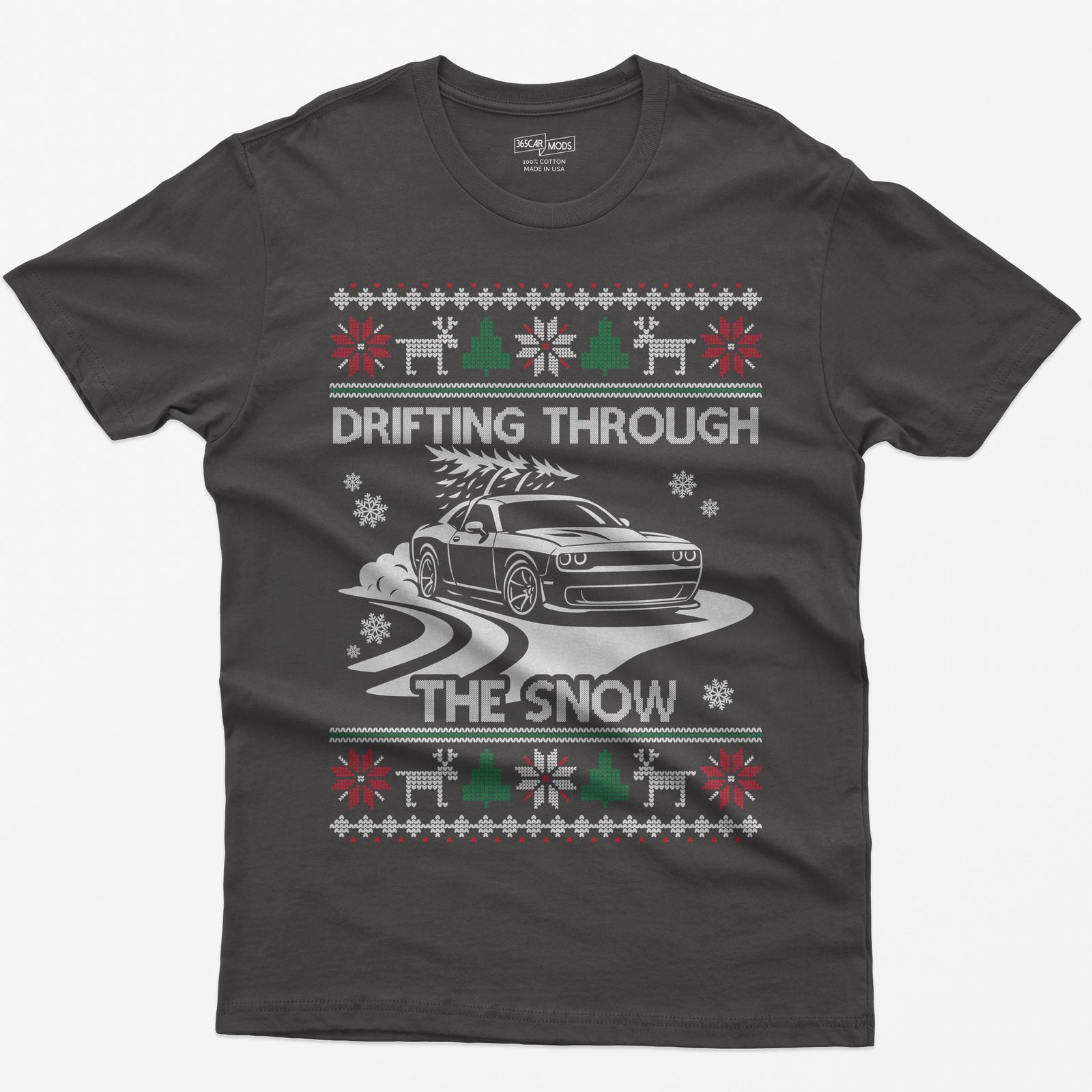 Dark Heather t-shirt with a Drifting Through the Snow ugly Christmas print: a widebody muscle coupe with a tree on the roof drifting through the snow