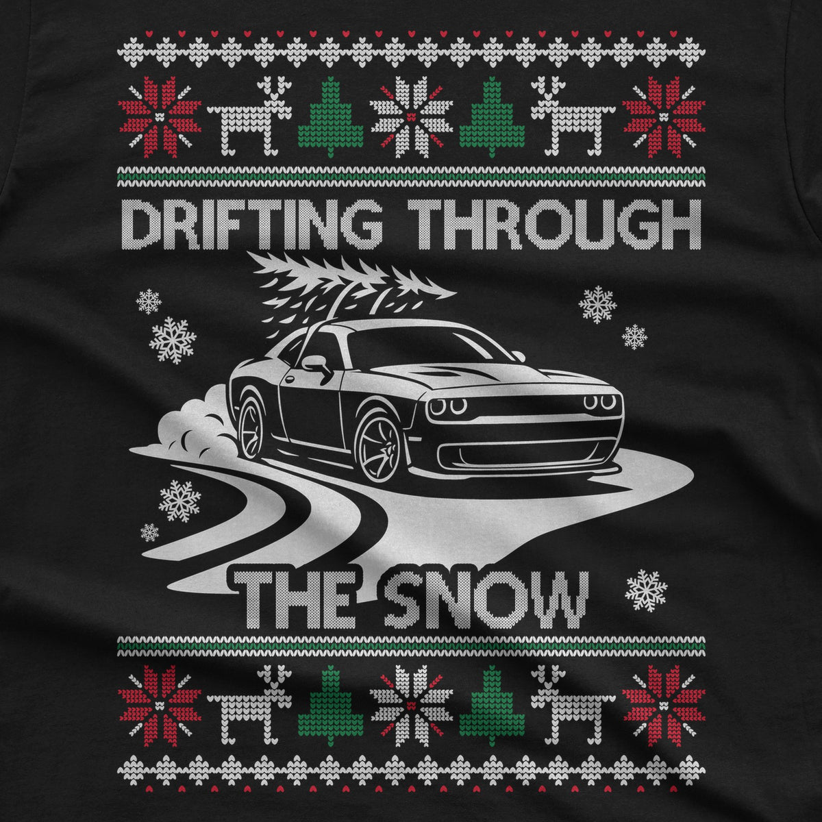 Drifting Through the Snow Widebody Muscle Car T-Shirt design close-up