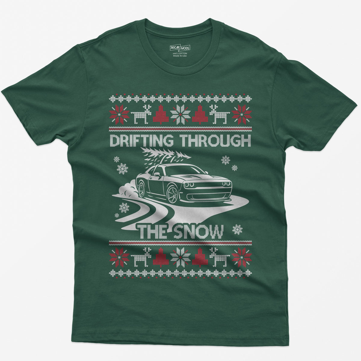 Forest Green t-shirt with a Drifting Through the Snow ugly Christmas print: a widebody muscle coupe with a tree on the roof drifting through the snow