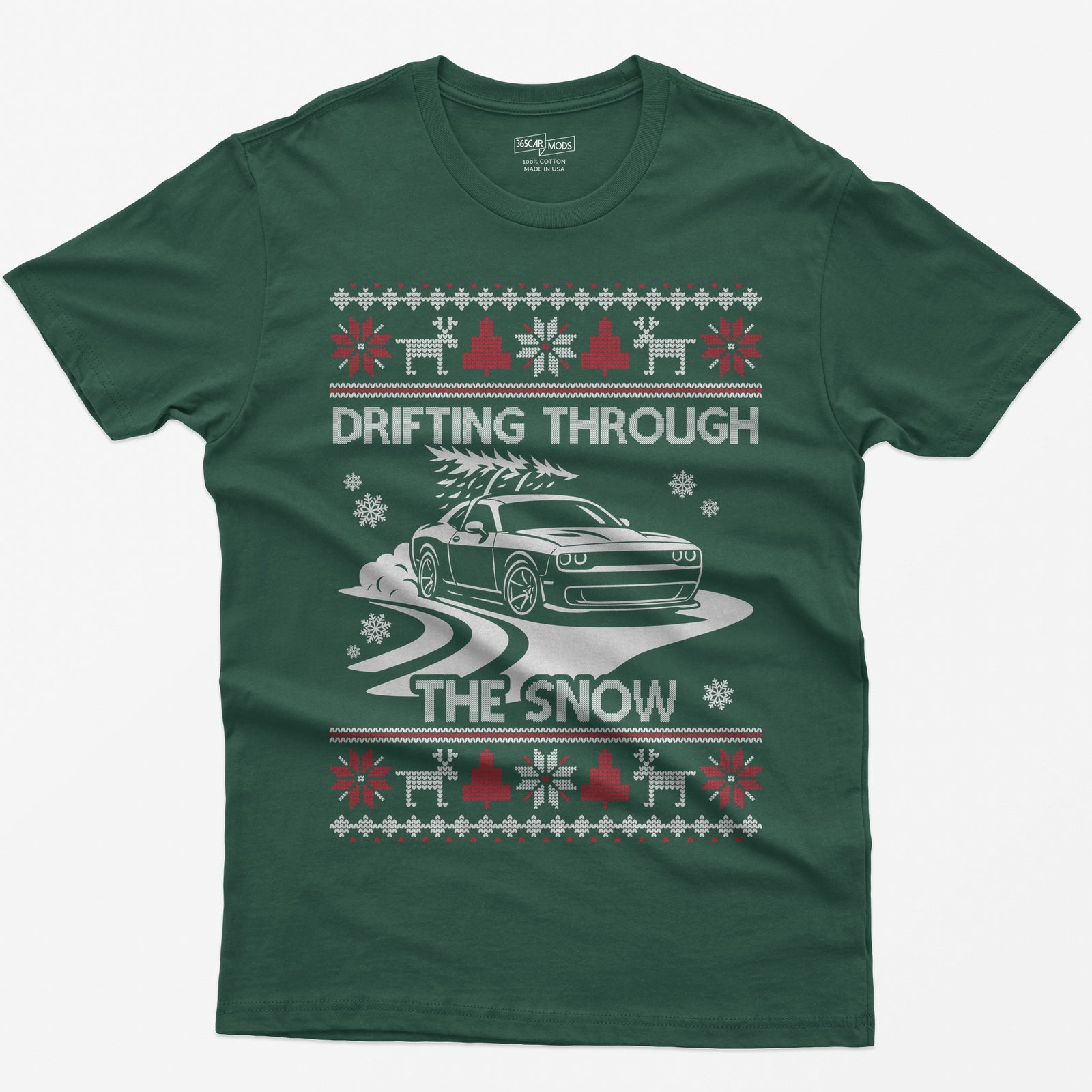 Forest Green t-shirt with a Drifting Through the Snow ugly Christmas print: a widebody muscle coupe with a tree on the roof drifting through the snow
