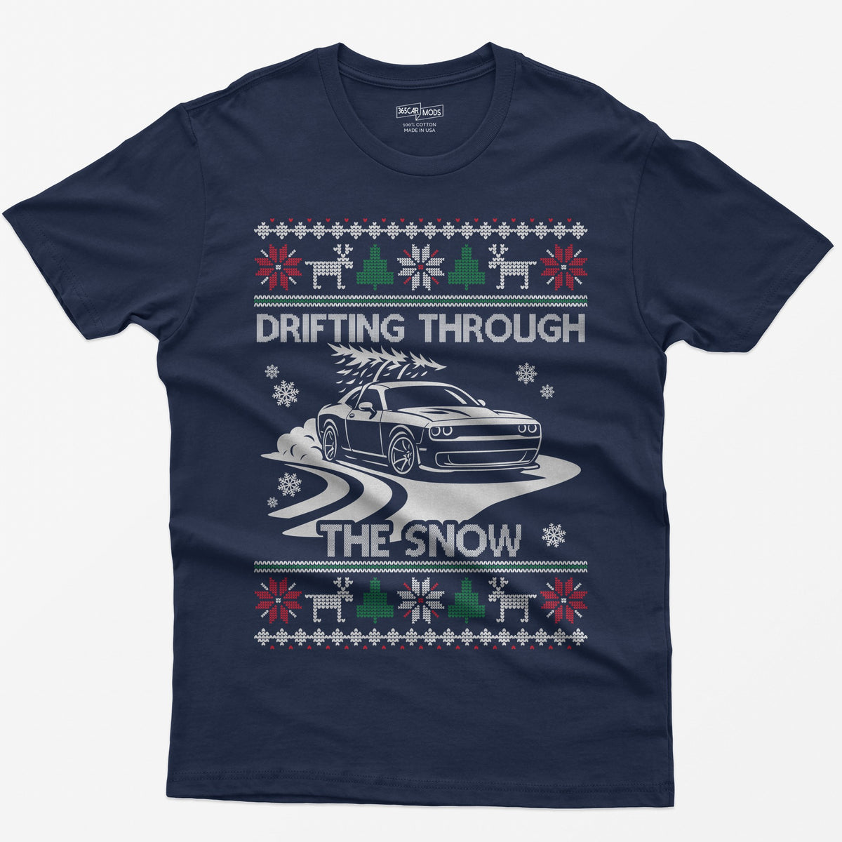 Navy t-shirt with a Drifting Through the Snow ugly Christmas print: a widebody muscle coupe with a tree on the roof drifting through the snow