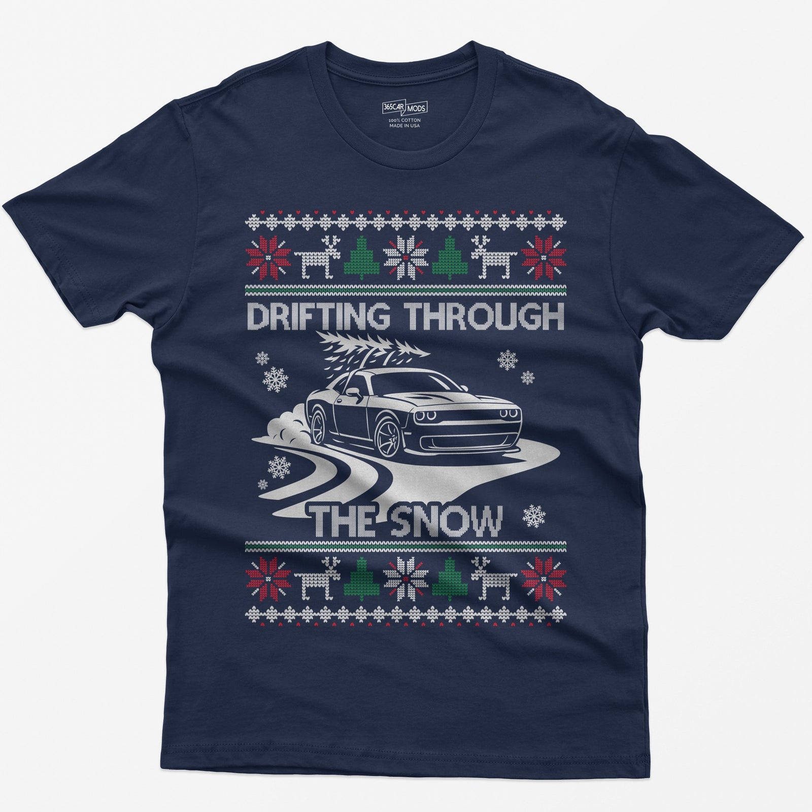 Navy t-shirt with a Drifting Through the Snow ugly Christmas print: a widebody muscle coupe with a tree on the roof drifting through the snow